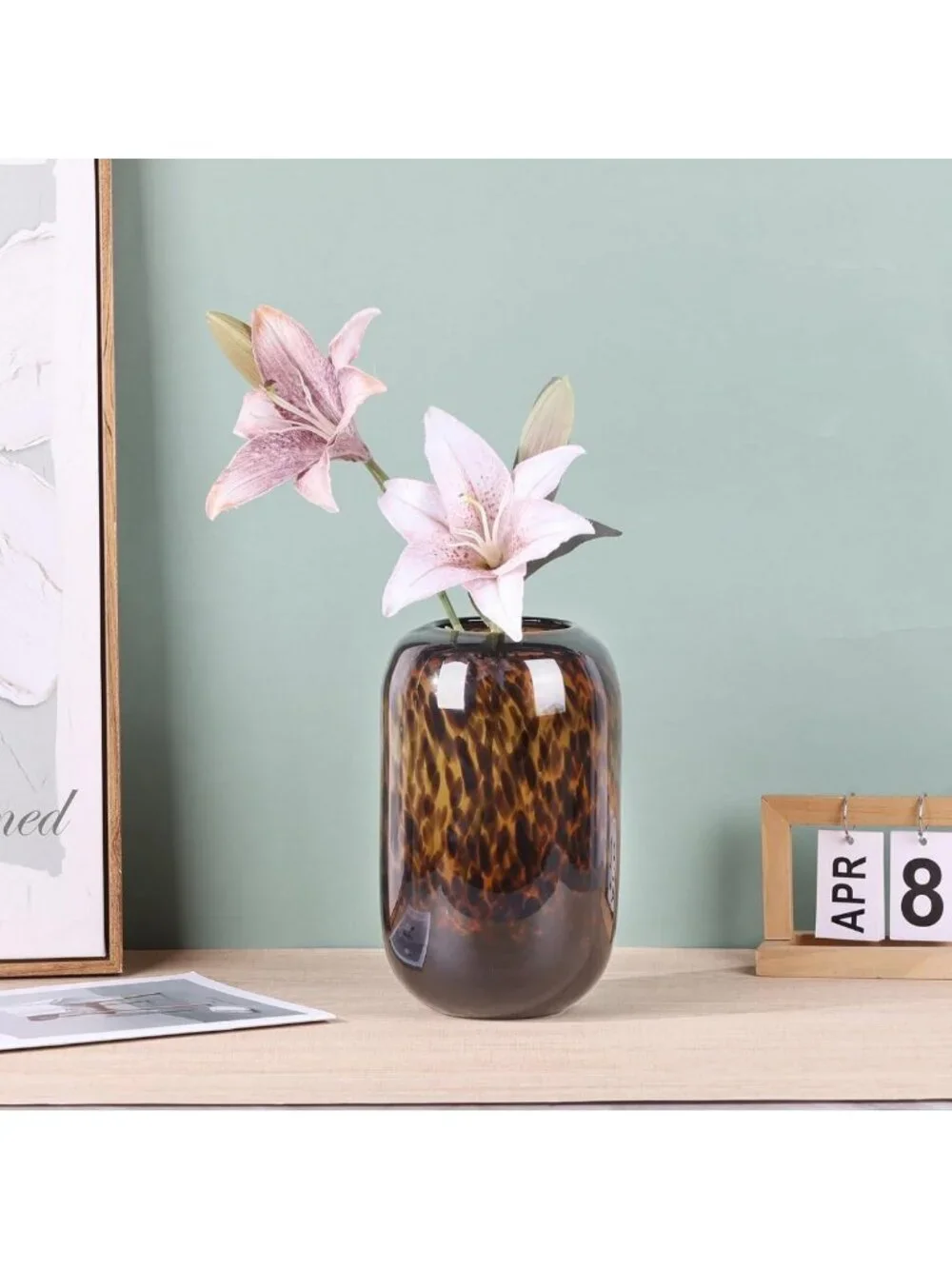 Hand Blown Amber Brown Glass Vase - Tortoise Shell Pattern, Decorative
